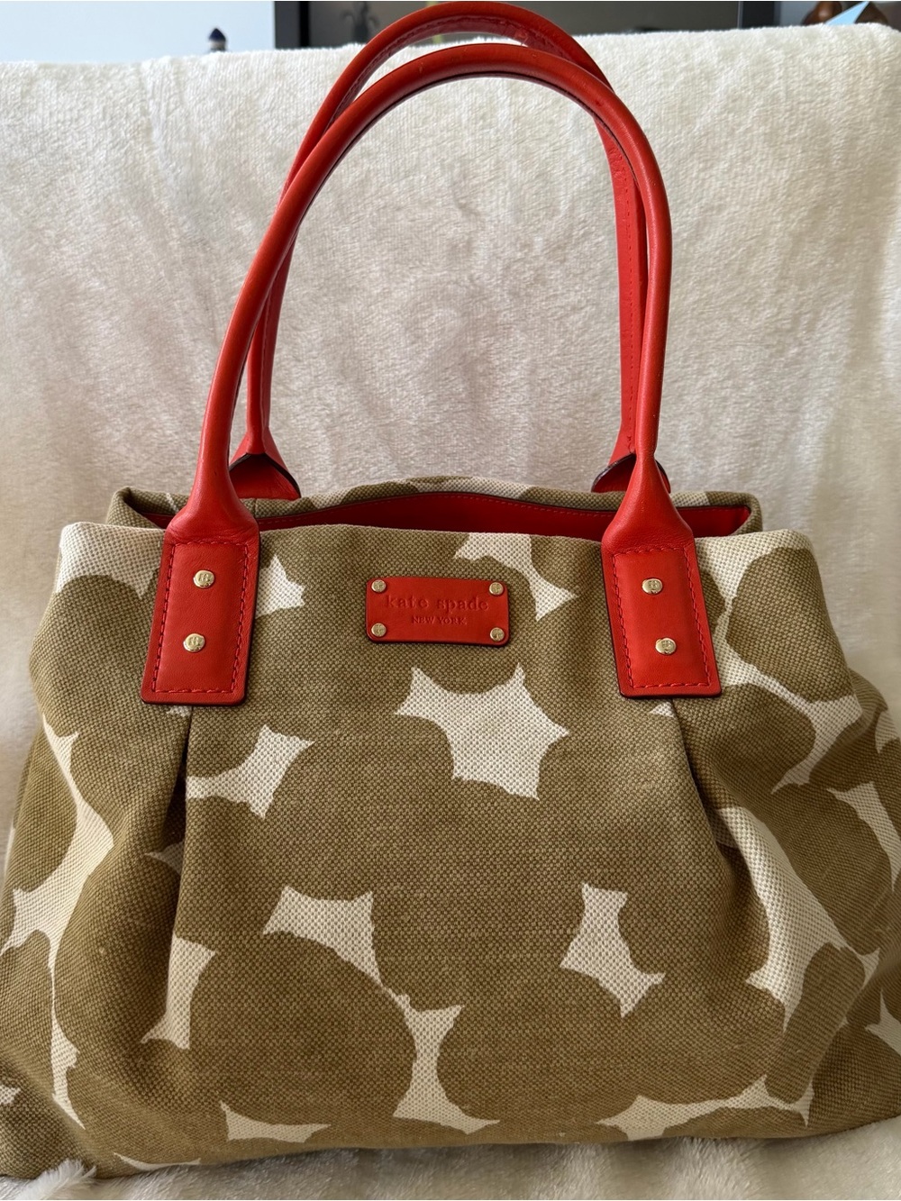 Kate Spade New York Canvas Tote Bag Satchel Floral Geometric Tan Orange Leather